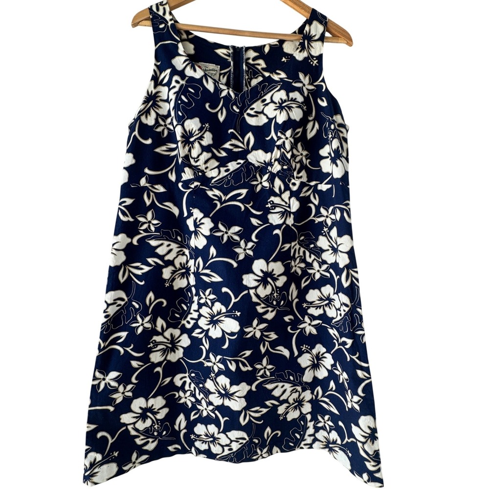 Hilo Hattie Hawaiian Dress Size 16 Navy Blue White Hibiscus Floral Cotton A-Line